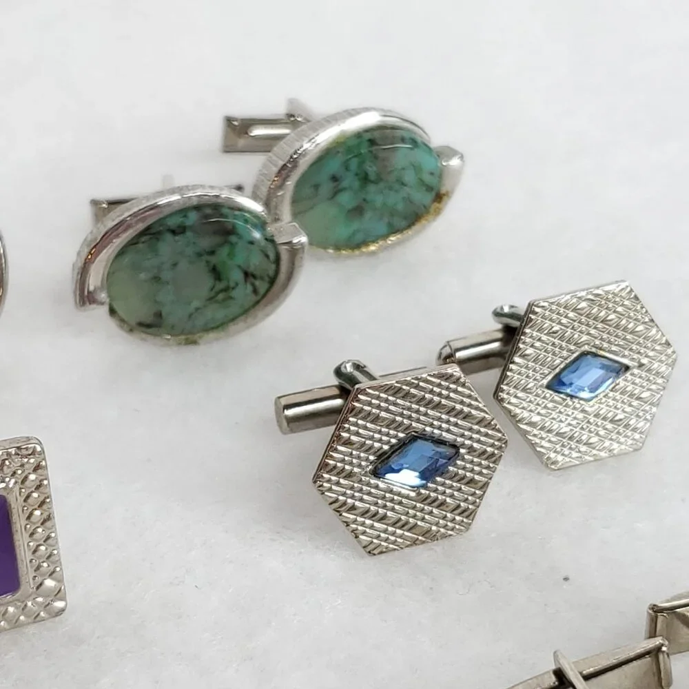 Vintage Cufflink Lot Silver Tone Black Green Blue Purple 8 Pair